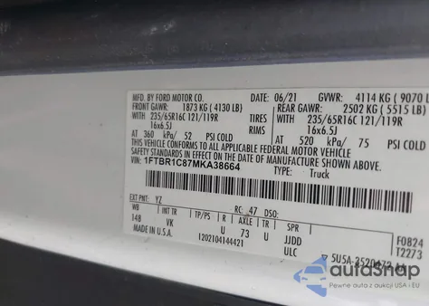 2021 Ford Transit-250 z USA, uszkodzony, nr VIN 1FTBR1C87MKA38664